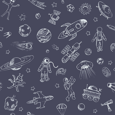 Chalk seamless pattern with space objects. Space ships, rockets, planets, flying saucers, astronauts, stars, comets, satellites, ufo etc. Chalk art on blackboard.のイラスト素材