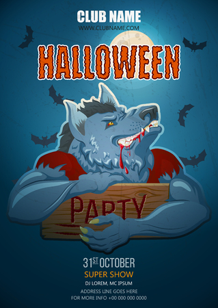 Halloween night party with Werewolf character design background for invitation, card, poster, flyer. Werewolf for Halloween party. Cartoon style.のイラスト素材