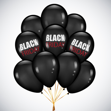 Black Friday sale Poster with Realistic bunch Black balloons on white background. Set of glossy balloons for your design.のイラスト素材