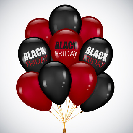 Black Friday sale Poster with Realistic bunch Black and red balloons on white background. Set of glossy balloons for your design.のイラスト素材