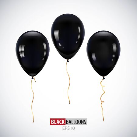 Realistic 3D black helium balloons on white background. Set of glossy balloons for your design.のイラスト素材