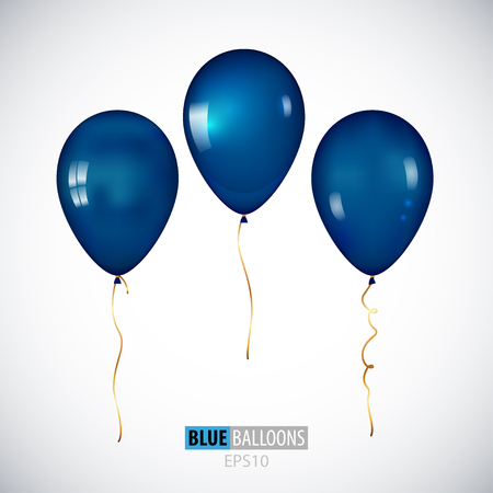 Realistic 3D blue helium balloons isolated on white background. Set of metallic balloons for your design.のイラスト素材