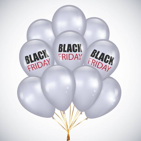 Black Friday sale poster with realistic bunch white balloons on white background. Set of glossy balloons for your design.のイラスト素材