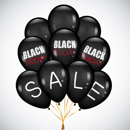 Black Friday sale poster with realistic black balloons on white background. Bunch of glossy black balloons with the inscription Black Friday sale.のイラスト素材