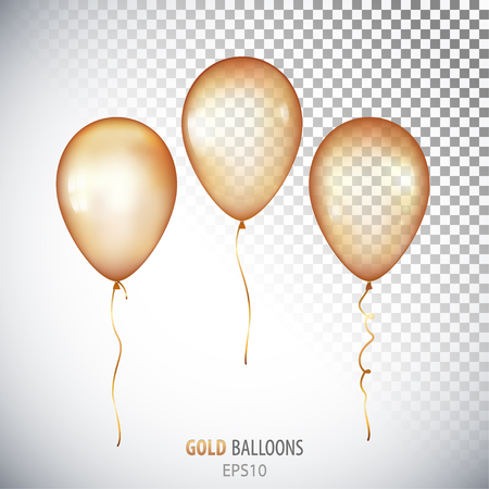 Realistic 3D transparent Gold helium balloons isolated on white background. Set of shiny balloons for your design.のイラスト素材
