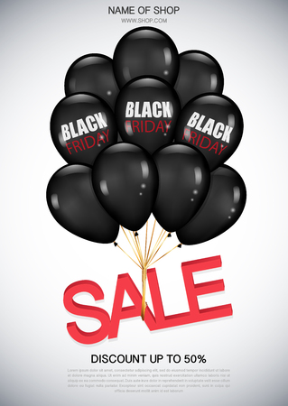 Black friday sale poster with realistic balloons and inscription bunch of glossyのイラスト素材