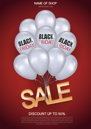 Black Friday sale poster with realistic white balloons on red background bunch of glossy with the inscriptionのイラスト素材