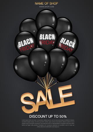 Black friday sale poster with realistic black balloons and inscriptionのイラスト素材