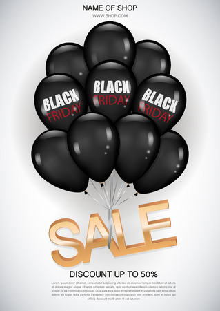 Black friday sale flyer with realistic black balloons and inscriptionのイラスト素材