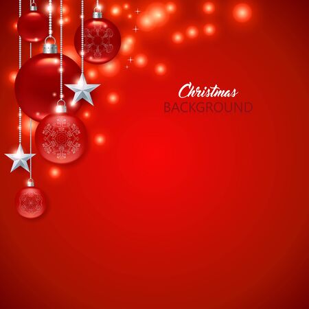 Elegant red christmas background with frosted and glossy balls, stars, and sparks.のイラスト素材