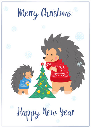 Christmas card with a family of hedgehogs. Father and son decorate the Christmas tree. 
Congratulations on Christmas and a Happy New Year. Flat style.のイラスト素材