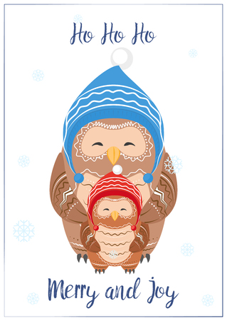 Christmas card with a family of owls. Congratulations on Merry and Joy. Flat style.のイラスト素材