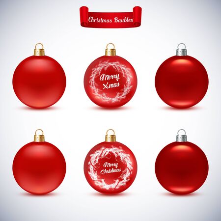 Collection of Red Christmas Balls. Christmas Balls with Shadows and inscription - Merry Christmas on white background.のイラスト素材