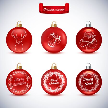 Collection of Red Christmas Balls on white background. Christmas Balls with pictures: deer, Santa Claus, bell, Christmas wreaths and inscription - Merry Christmas.のイラスト素材