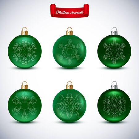 Collection of green christmas balls with snowflake.のイラスト素材