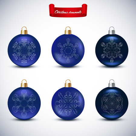 Collection of blue Christmas Balls on white background. Christmas Balls with snowflake.のイラスト素材