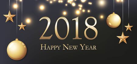 2018 happy new year with gold balls, light, stars, and place for text flyer, poster, dinner invitation, greeting card, or banner.のイラスト素材