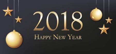 2018 happy new year with gold balls, light, stars, and place for text flyer, poster, dinner invitation, greeting card, or banner.のイラスト素材