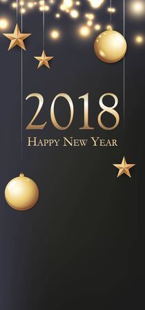 2018 happy new year with gold balls, light, stars, and place for text flyer, poster, dinner invitation, greeting card, or banner.のイラスト素材