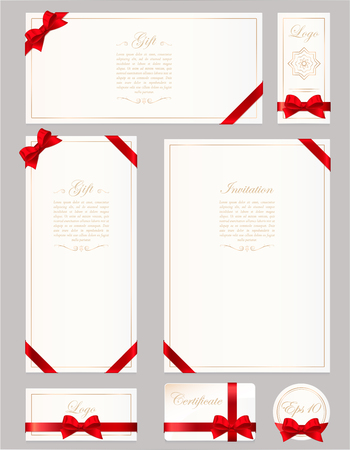 Set gift card, certificate, and voucher on grey background wide bow with red ribbon and space frame for text.のイラスト素材