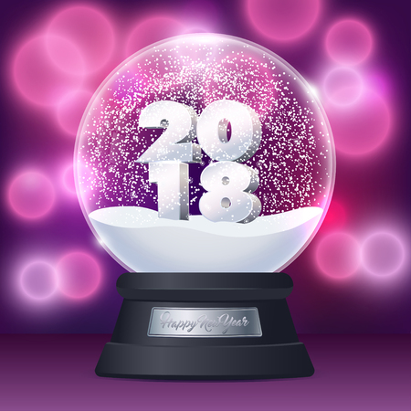 Illustration of realistic snow globe ball. Nameplate with the inscription Happy New Year. Pink background with bokeh.のイラスト素材