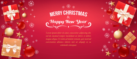 Christmas Card with greeting â Merry Christmas and Happy New Year. Illustration with Christmas balls, stars, gift boxes and place for text. Template for Flyer, poster, dinner invitation, banner for promo. Red backgroundのイラスト素材