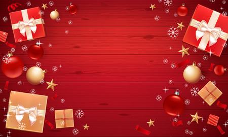 Promotion poster with Christmas balls, stars, gift boxes, confetti and place for text. Template for Christmas Cards, Flyer, poster, dinner invitation, banner. Promotion or shopping template. Wooden red backgroundのイラスト素材
