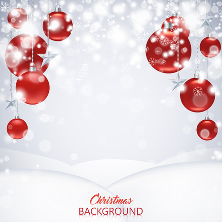 Elegant Christmas background with red frosted and glossy Christmas balls, stars and snowflakes.のイラスト素材