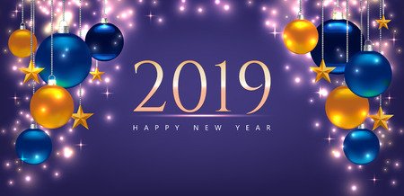 Magic template with greeting â Happy New Year 2019. Template for Card, Flyer, poster, invitation, banner. Promotion or shopping template. Illustration with balls, stars. Violet Vector backgroundのイラスト素材