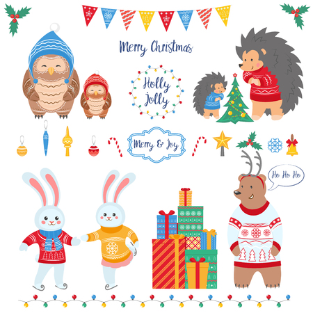 Set of Christmas elements: Christmas tree, Garland, flags, baubles, bell, mistletoe, hedgehogs, rabbits, owls, bear, gifts. Congratulations on Merry and Joy. Flat style.のイラスト素材