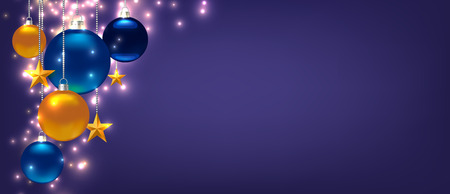 Magic template for Christmas or New Year Card, Flyer, poster, invitation, banner. Promotion or shopping template. Illustration with balls, stars and place for text. Violet Vector backgroundのイラスト素材
