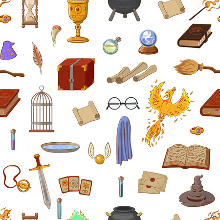 Magic pattern with: wizard, hat, magic book, roll, potion, broom, crystal ball, glasses, snitch. Different witch equipment in cartoon style. Vector illustration.