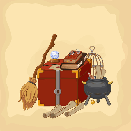 Set to play a wizard. Things magician: magic book, roll, potion, broom, crystal ball, chest. Different witch equipment in cartoon style. Vector illustration.のイラスト素材