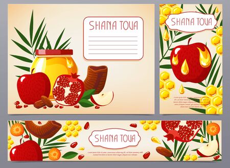Shana Tova. Collection of Jewish new year banner with honey, apple, pomegranate, shofar, carrot, palm, honeycomb. Happy New Year in Israeli. Flat style. White background.のイラスト素材