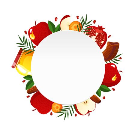 Shana Tova template of banner. New year banner with honey, shofar, apple, pomegranate, carrot, palm, date. Vector templateのイラスト素材