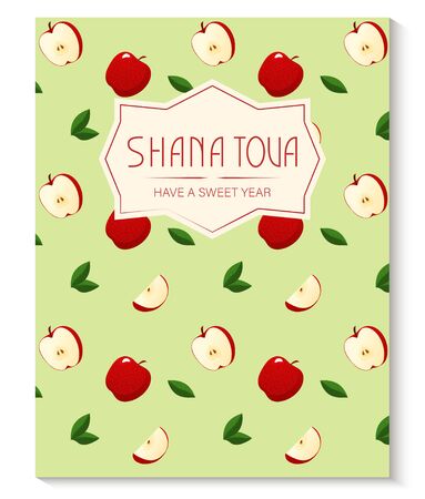 Rosh Hashanah greeting card with apple pattern. Jewish New Year. Shana Tova, new year in Hebrew. Vector illustration template.のイラスト素材