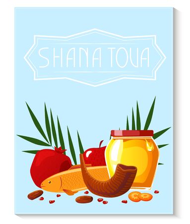 Shana Tova template of banner. New year banner with honey, shofar, apple, pomegranate, fish, carrot, palm.のイラスト素材