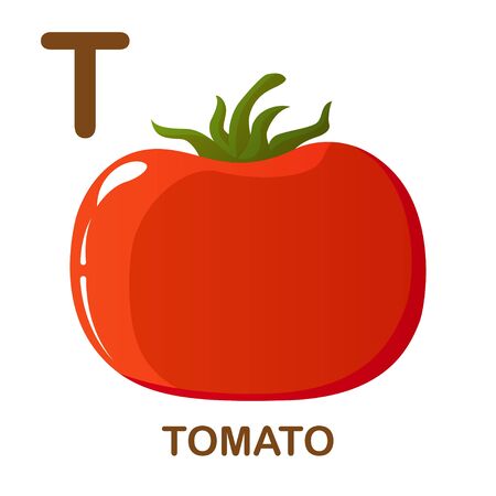 Tomato icon with letter T. Cartoon style object. Vector Illustration.のイラスト素材