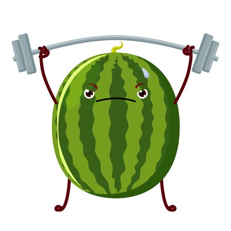 Watermelon weightlifter character. Funny Fruit poster with vector watermelon athlete character. Cartoon styleのイラスト素材