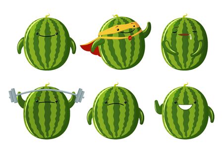 Set cute Watermelon characters. Kawaii fruit vector characters isolated on white backgroundのイラスト素材