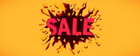 Sale banner. Wall explosion. Black crack in the yellow wall.のイラスト素材