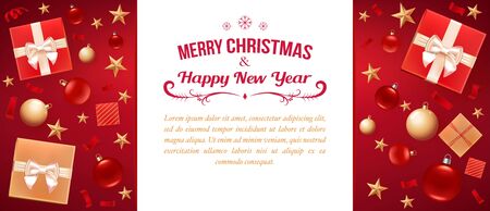 Christmas greeting Card. Template for Flyer, poster, dinner invitation, banner for promo. Realistic Christmas balls, gold stars, gift boxes and place for text. Red backgroundのイラスト素材