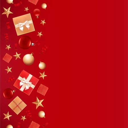 Christmas background greeting Card. Template for Flyer, poster, dinner invitation, banner for promo. Flatlay with Christmas balls, gold stars, gift boxes and place for text. Seamless Red backgroundのイラスト素材