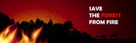 Burning forest trees in fire flames. Silhouette of forest, animals and birds, tongue of flame. Save the Forest. Concept for poster or banner, vector illustration.のイラスト素材