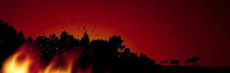 Burning forest trees in fire flames. Silhouette of forest, animals and birds, tongue of flame. Concept for poster or banner, vector illustration.のイラスト素材
