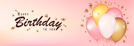 Celebrate birthday template. Pink Background with realistic balloons with gold confetti. Design with balloon, color pink, gold and white, gold serpentine, stars. Happy birthday to you.のイラスト素材