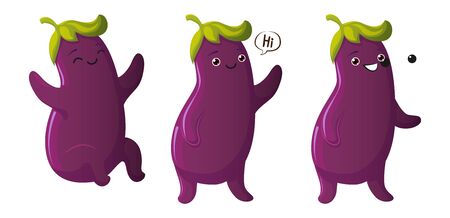 Eggplant characters collection. Kawaii Eggplant smiling, jumping. Vector isolated on white background for animation. Happy smiling vegetableのイラスト素材