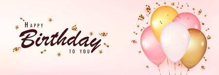 Celebrate birthday template. Pink Background with realistic balloons with gold confetti.のイラスト素材