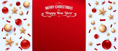 Christmas background greeting Card. Flyer, poster, invitation, banner for promo. Illustration with decoration elements balls, gold stars, gifts and place for text. White backgroundのイラスト素材