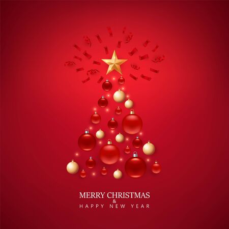 Christmas tree of red and gold balls for greeting Card, Flyer, poster, dinner invitation, banner for promotion poster. Illustration with Christmas balls, star and confetti. Red square background.のイラスト素材